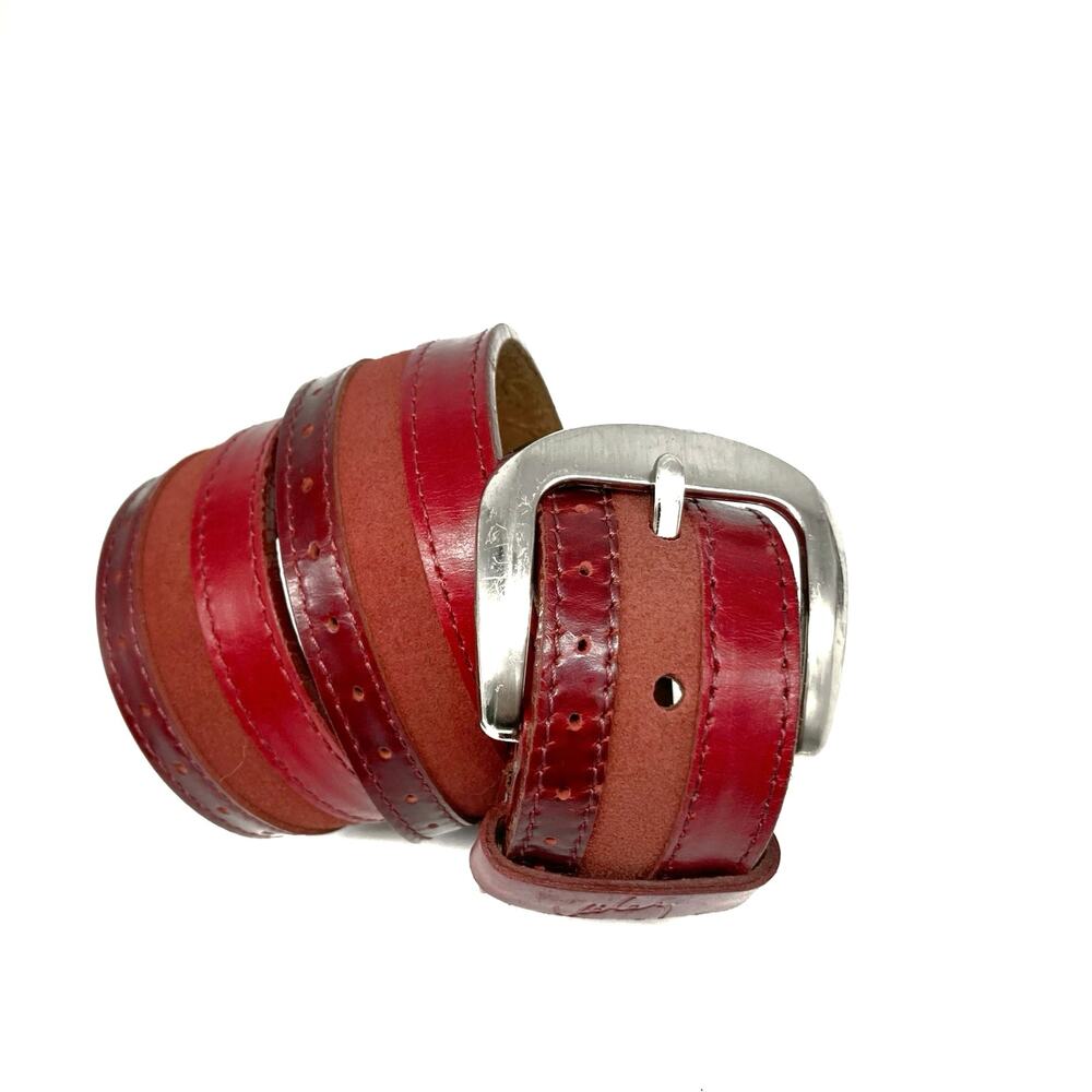 Velez Artisan Red Striped Leather Belt  | Tooled, Detachable Buckle, Marfa Mood